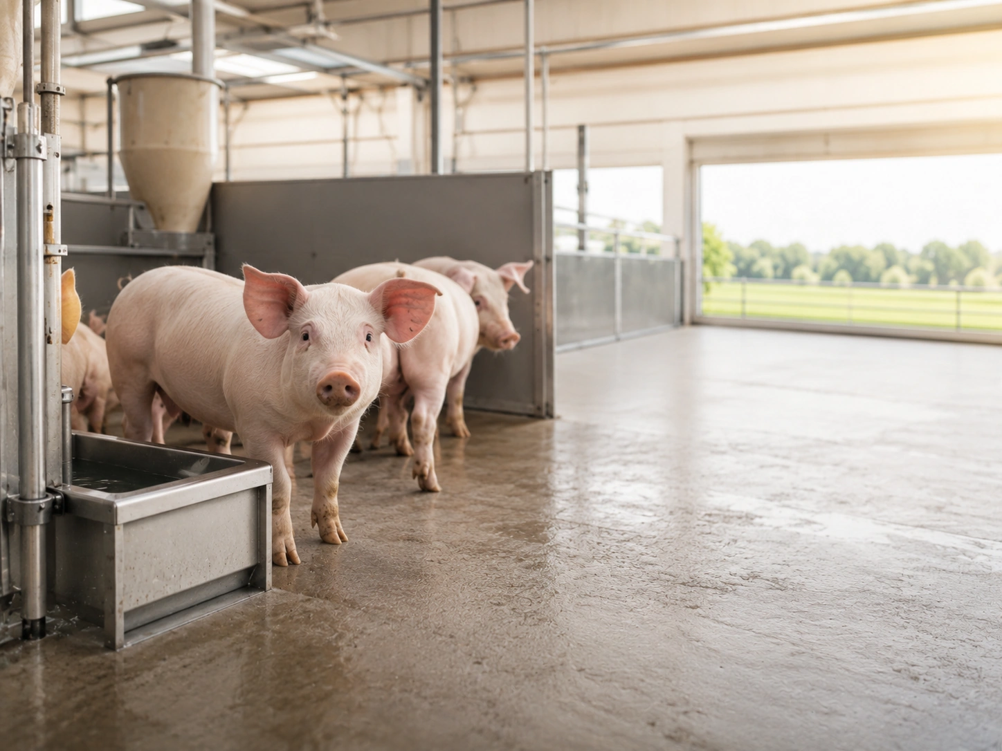 Heller Schweinestall mit Ferkeln, Tränken und gereinigten Buchten